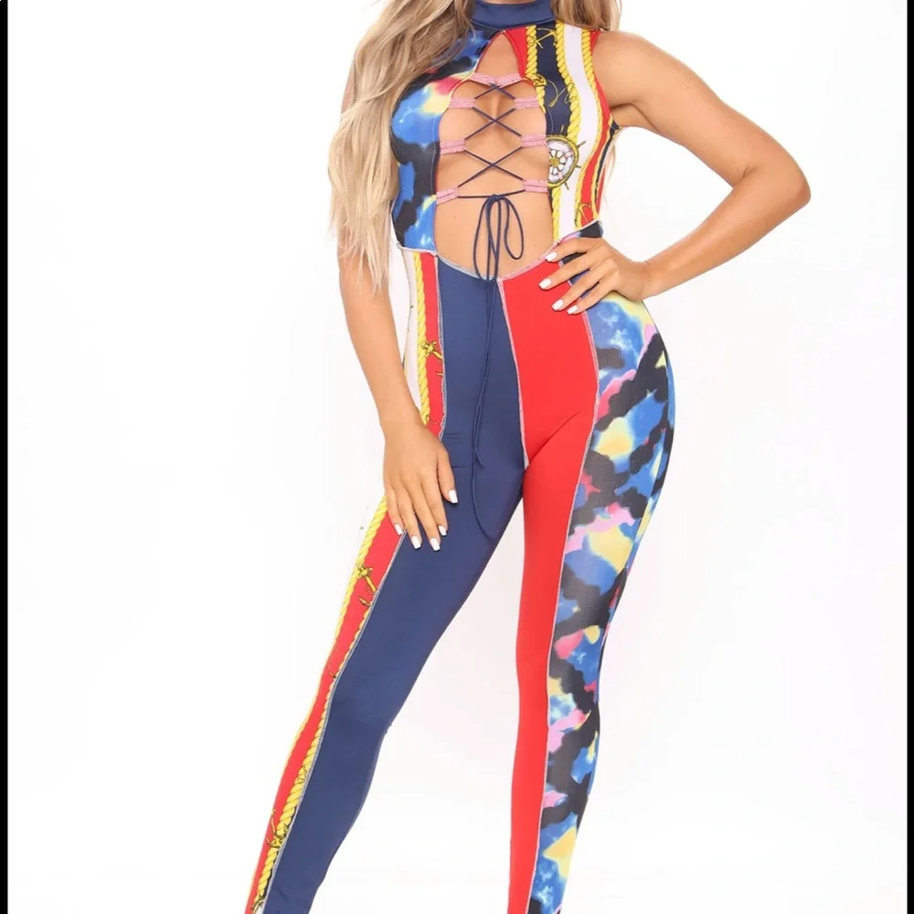 New Fashion Nova Laced Up Graphic Unique Design Cut Out Jumpsuit - Picture 5 of 6